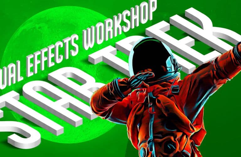 Star Trek Visual Effects Workshop – ein Stück Hollywood in Krefeld Astronaut in orangefarbenem Anzug posiert vor grünem Hintergrund mit auffälligem weißem Schriftzug: „Visual Effects Workshop Star Trek“.
