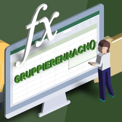 GRUPPIERENNACH Funktion in Excel Headerbild Illustration einer Person, die mit einem Computer interagiert, der eine Tabellenkalkulation anzeigt. Auf dem Bildschirm ist „GRUPPIERENNACHO“ zu sehen, daneben ein Ordner und eine Glühbirne.