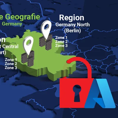Sicherheit und Azure – eine coole GeSchichte Karte, auf der Azure Geografie in Deutschland mit Regionen in Berlin und Frankfurt hervorgehoben ist, markiert mit Stecknadeln und Zonen, überlagert mit einem roten Vorhängeschloss-Symbol.