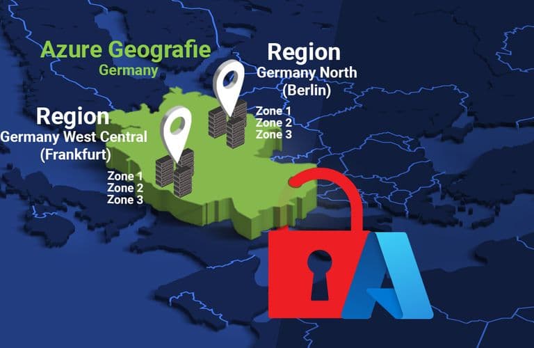 Sicherheit und Azure – eine coole GeSchichte Karte, auf der Azure Geografie in Deutschland mit Regionen in Berlin und Frankfurt hervorgehoben ist, markiert mit Stecknadeln und Zonen, überlagert mit einem roten Vorhängeschloss-Symbol.