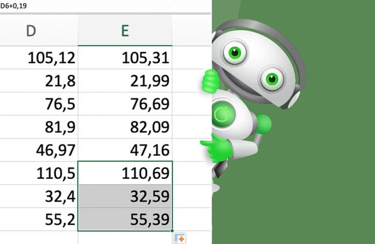Excel Zellen automatisch ausfüllen Autoausfüllen in Excel per Doppelklick Eine Tabelle mit den Spalten D und E, in denen Zahlen angezeigt werden, und ein Cartoon-Roboter mit grünen Akzenten, der von der rechten Seite hervorschaut.