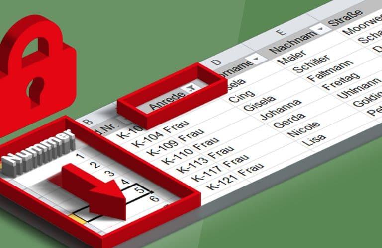 Excel Spalte einfügen Tabellenkalkulation mit Namen und Zahlen, einem roten Schloss und einem Pfeil, die Datenschutz oder Verschlüsselung symbolisieren.