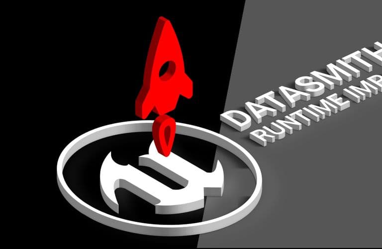 Unreal Engine Version 4.27 Datasmith Runtime Import Rotes Raketenlogo über einem stilisierten „U“ in einem Kreis, mit „DATASMITH RUNTIME IMPORT“ in weißem 3D-Text auf schwarzem und grauem Hintergrund.