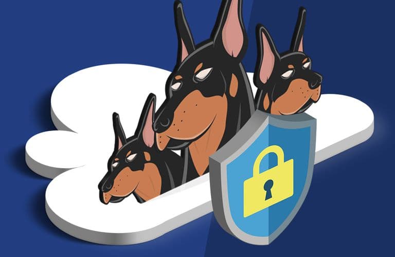 NAS mit Azure Files und Kerberos-Authentifizierung Illustration von drei Dobermannköpfen, die aus einer Wolke hervortreten, mit einem Schild mit einem Vorhängeschloss-Symbol im Vordergrund.
