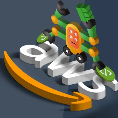 Code-Bereitstellung in AWS automatisieren - 1 Ein Roboter mit Rädern steht auf den Buchstaben „AWS“ mit einem orangefarbenen Pfeil darunter. Rechts steht der Text „TEIL 1“.