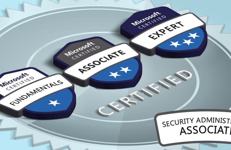 Microsoft 365 Certified: Security Administrator Associate Zertifizierung Drei Microsoft Certified-Abzeichen mit den Bezeichnungen „Fundamentals“, „Associate“ und „Expert“, mit Schwerpunkt auf „Security Administrator Associate“.