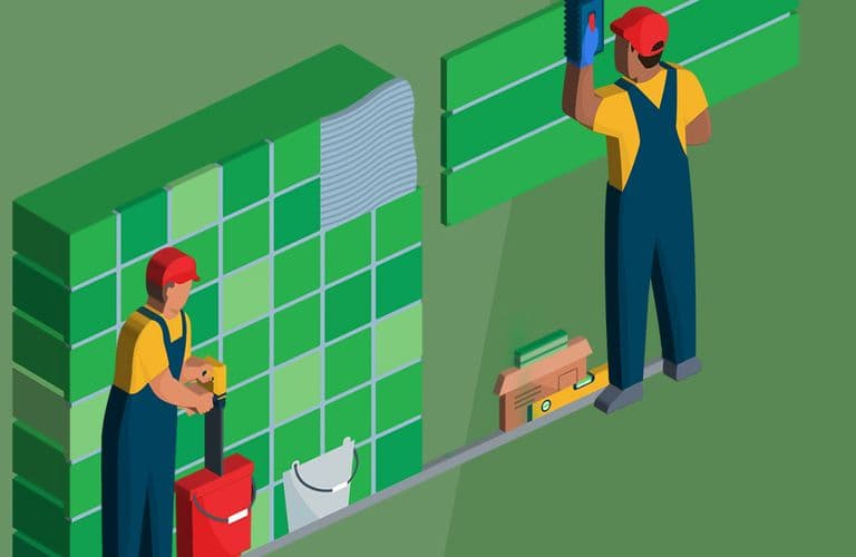 Excel Pivot-Tabelle entpivotieren und eine Liste erzeugen Zwei Arbeiter in Overalls und roten Mützen verlegen grüne Fliesen an Wänden, mit Werkzeugen und Materialien in der Nähe vor einem grünen Hintergrund.