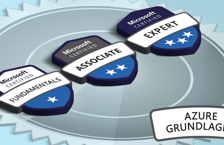 Microsoft Certified Azure Fundamentals: AZ-900 Zertifizierung Abzeichen für "Microsoft Certified: Fundamentals", "Associate" und "Expert", jeweils mit einem Label "Azure Grundlagen" am unteren Rand