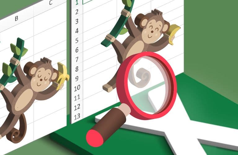Die Unterschiede in zwei Excel-Tabellen finden Illustration von zwei Affen auf Excel-Tabellen mit einer Lupe, die den Vergleich oder die Analyse von Daten symbolisiert.