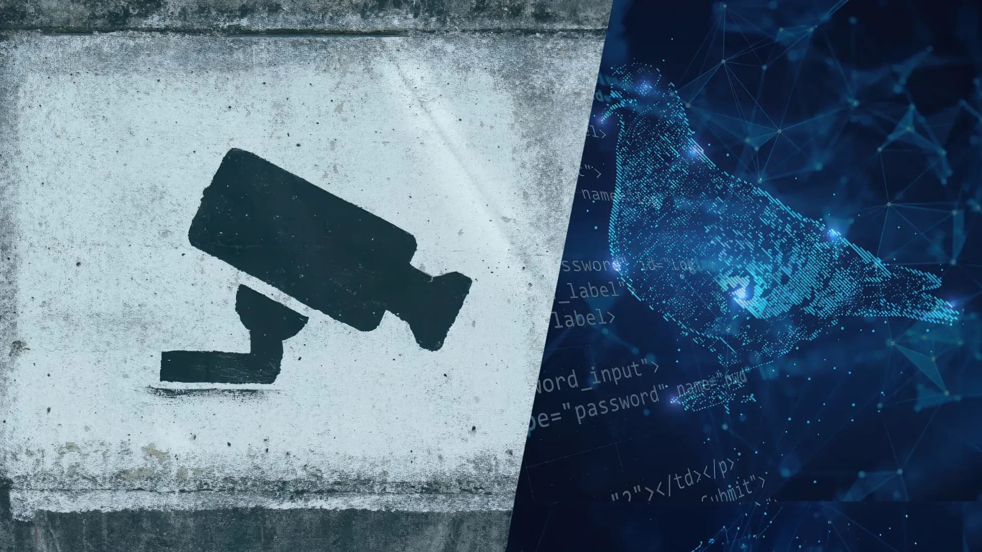 Fortinet Trainingsangebot Graffiti-artige Überwachungskamera an einer Betonwand neben einer digitalen Taube aus blauen Netzwerklinien auf dunklem Hintergrund.