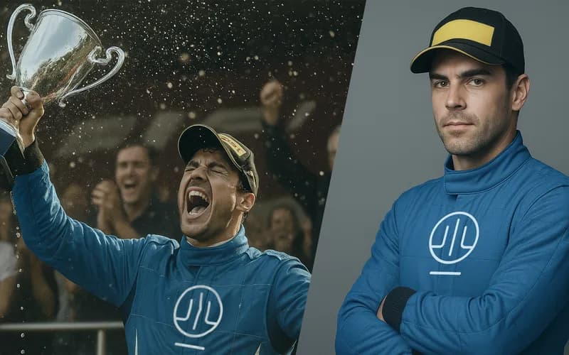 Aktuelle Awards der INCAS Training Geteiltes Bild: Links ist ein Rennfahrer in Blau zu sehen, der mit einer Trophäe jubelt und Sekt verspritzt; rechts ist derselbe Fahrer zu sehen, der selbstbewusst posiert.