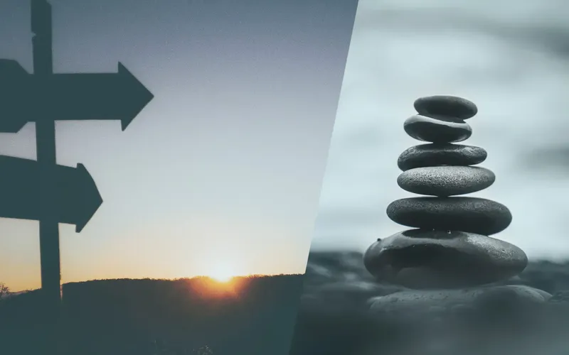 Meilensteine von INCAS Training - Headerbild Links die Silhouette von Wegweisern bei Sonnenuntergang, rechts gestapelte glatte Steine, die Wahlmöglichkeiten und Gleichgewicht symbolisieren.