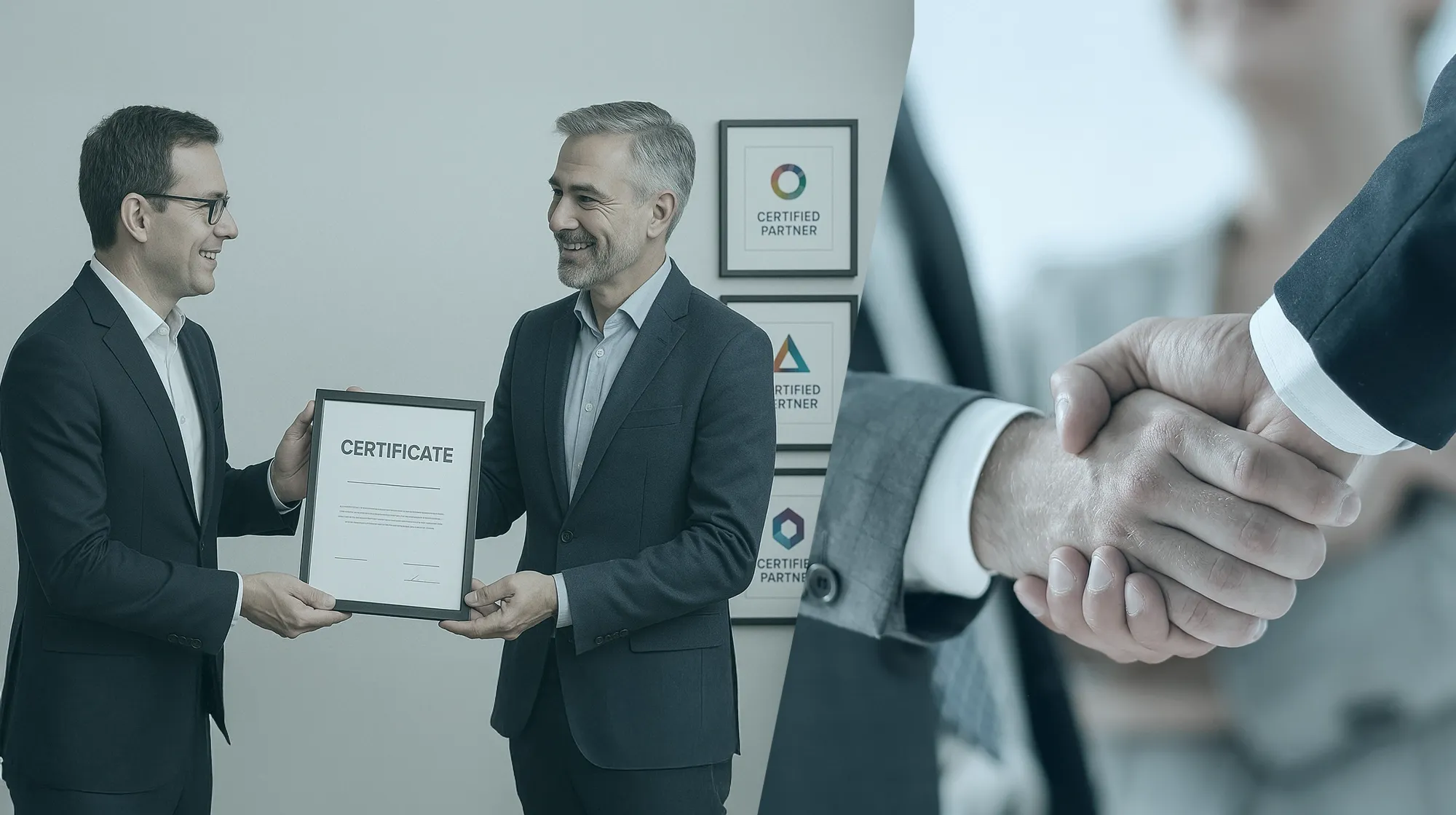 Herstellerautorisierungen der INCAS Training - Headerbild Zwei Männer in Anzügen, die eine Autorisierungsurkunde austauschen, mit gerahmten Partnerzertifizierungen an der Wand und einem Händedruck im Vordergrund.