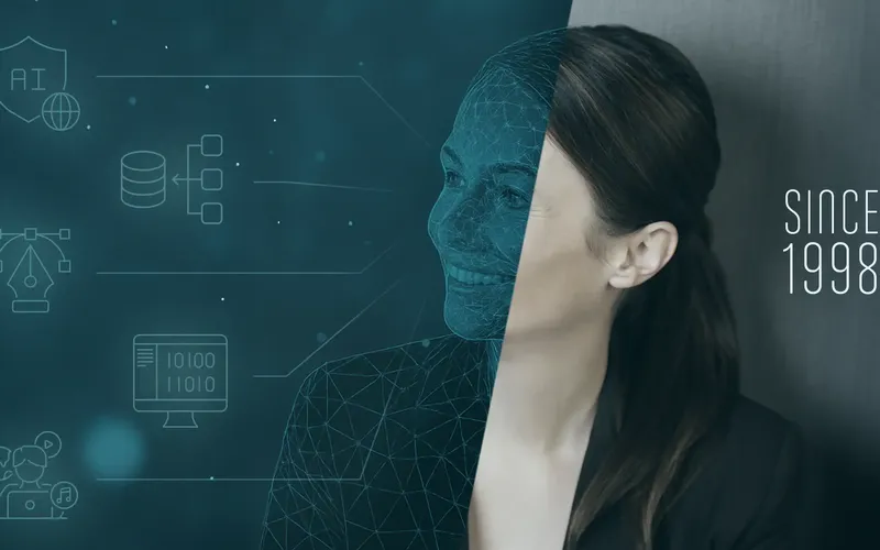 INCAS Training - seit 1998 - Headerbild Halb menschliche, halb digitale Frau mit Technologiesymbolen und dem Text "Since 1998" auf blauem Hintergrund, der KI und Innovation symbolisiert.
