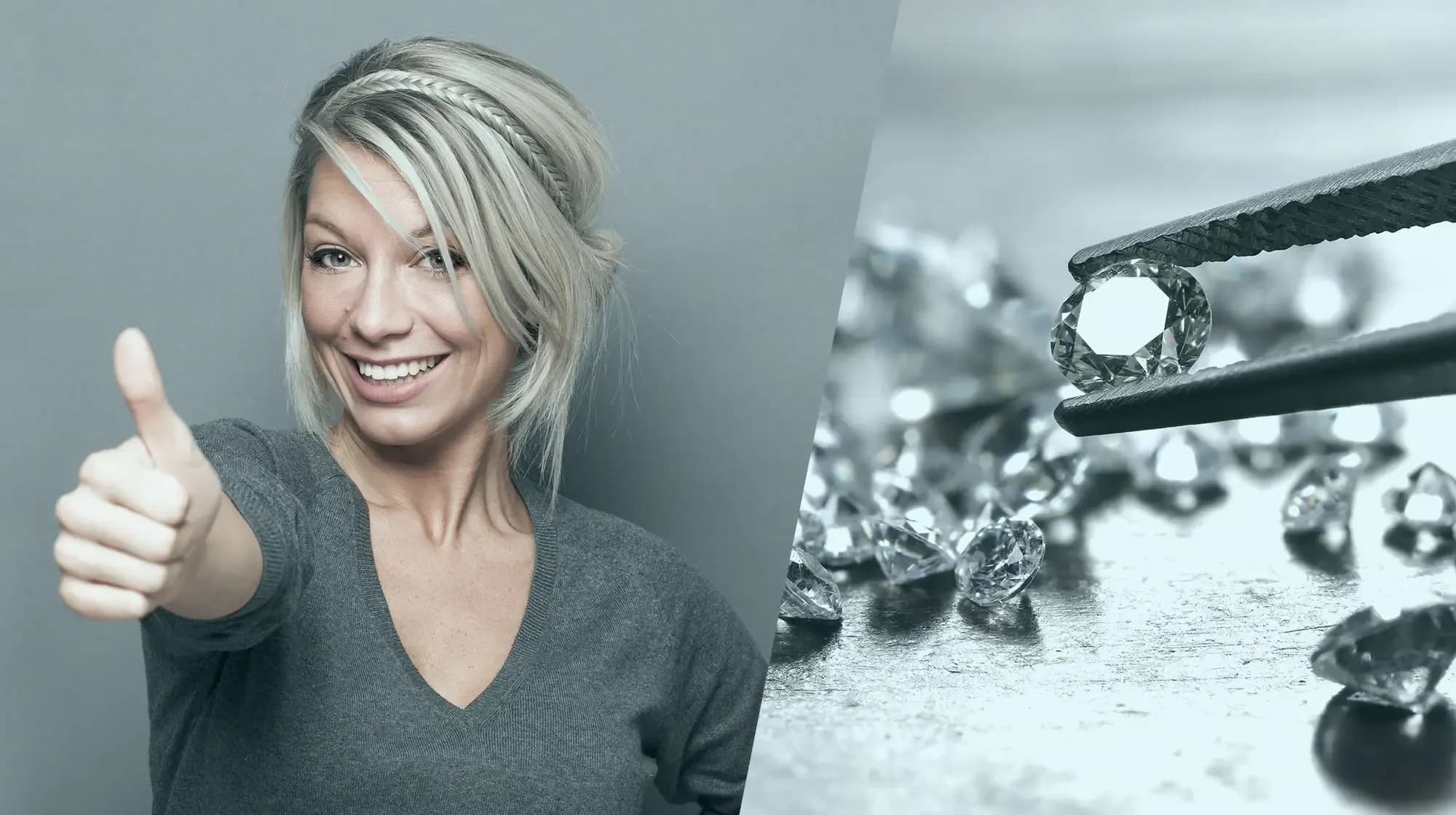 Zufriedenheitsgarantie von INCAS Training - Headerbild Lächelnde Frau, die den Daumen nach oben streckt, neben einer Nahaufnahme einer Pinzette, die einen Diamanten zwischen verstreuten Edelsteinen hält.