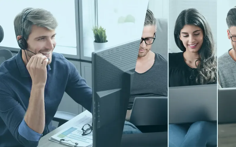 Online Schulungen bei der INCAS Training - Headerbild Vier Personen arbeiten an Computern, jede in einem anderen Rahmen. Einer trägt ein Headset, die anderen benutzen Laptops. Helle, professionelle Umgebung.