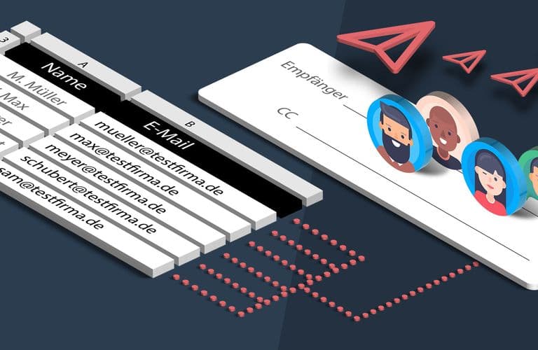 E-Mail-Adressen aus einer Excel-Liste in einem Schritt zusammenfassen Illustration einer E-Mail-Liste mit Namen und Adressen, die mit Cartoon-Avataren verbunden sind und die E-Mail-Empfänger symbolisieren.