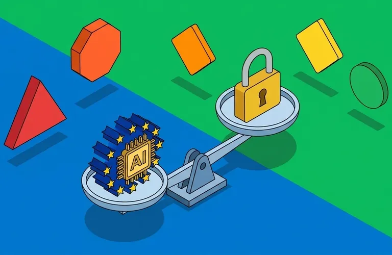 Eine Waage im Gleichgewicht: auf der einen Seite ein stilisiertes EU-Sternensymbol mit KI-Chip-Icon, auf der anderen Seite ein Schloss-Symbol für Datenschutz. Im Hintergrund dezent vier unterschiedlic