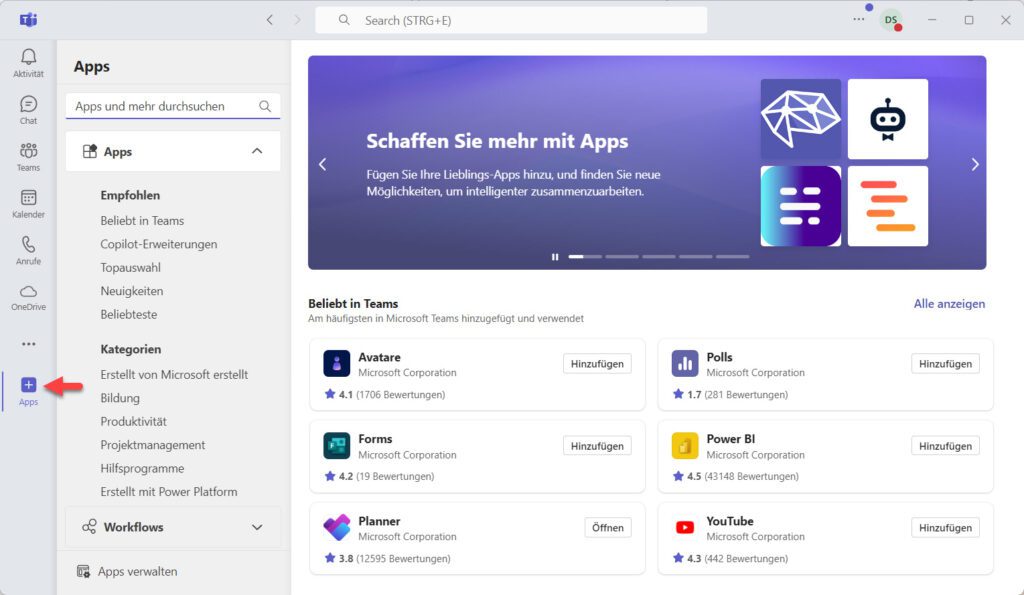 In Microsoft Teams kannst du weitere Apps aktivieren