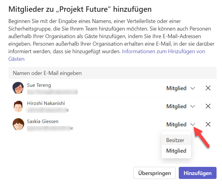 Mitgliederliste des Teams und deren Zugriffsrechte