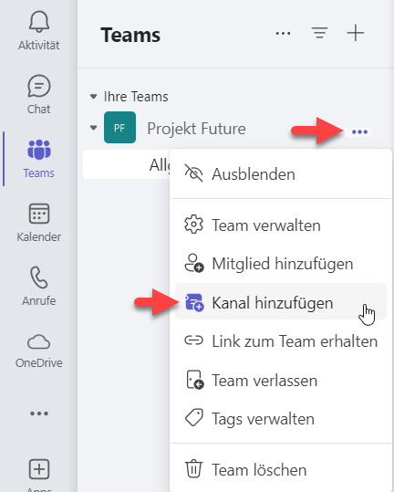 Einen Kanal über den Teamnamen anlegen