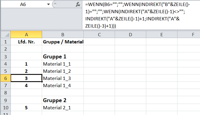 Erweiterte Excel Formal für die Zeilennummerierung