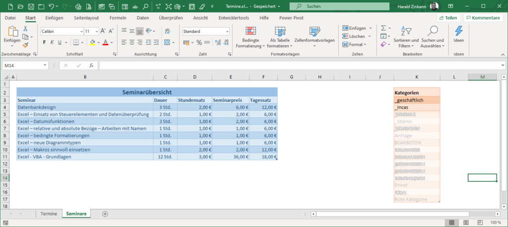 Excel Tabelle mit Terminen