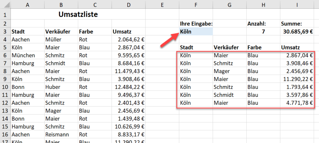 Die Funktion FILTER in Excel