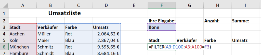 Funktion FILTER in Excel - die Formel