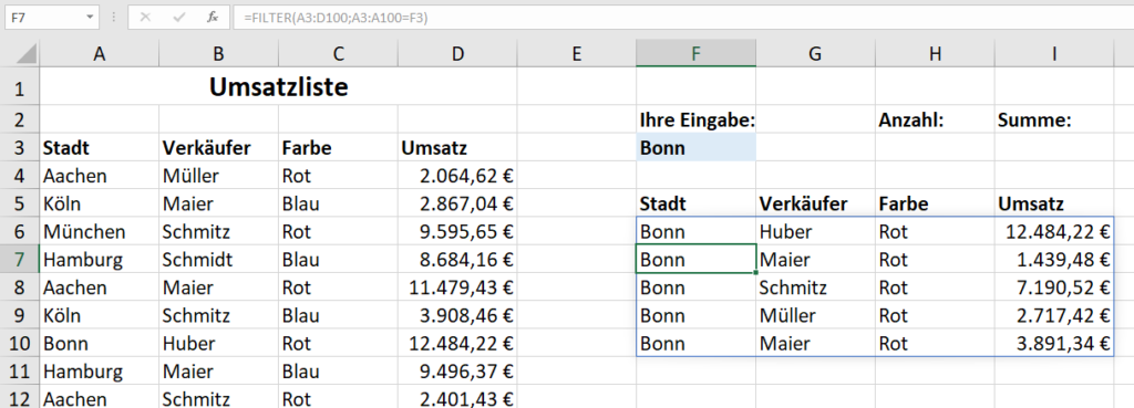 Excel kopiert die ganze Formel FILTER nun so weit nach unten