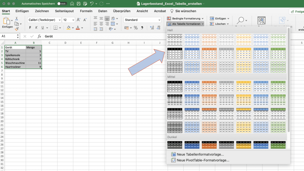 Excel Tabelle erstellen: Schritt 2