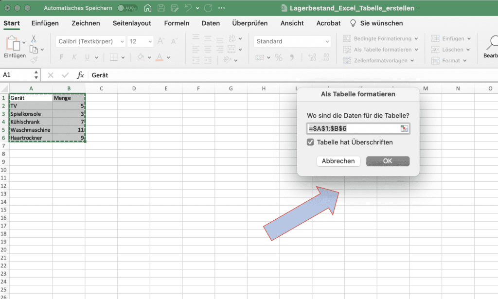 Excel Tabelle erstellen: Schritt 3