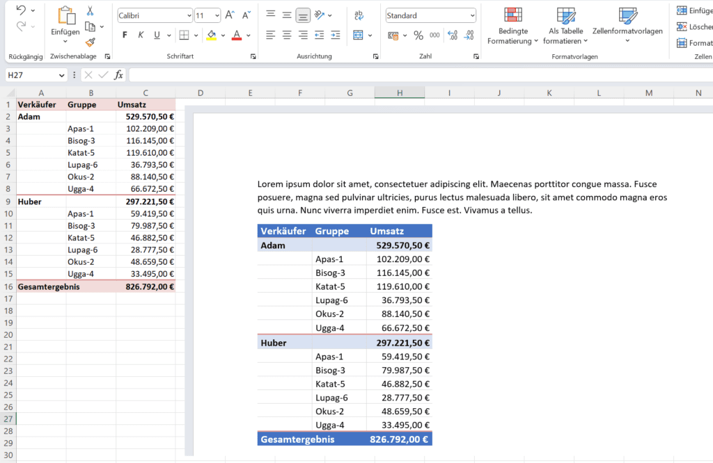 Verwendung von Excel-Tabellen in Word-Dokumenten