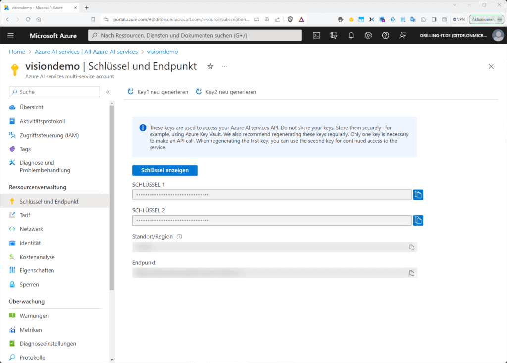 Endpunkte und Schlüssel findest du im Azure-AI-Services-Portal