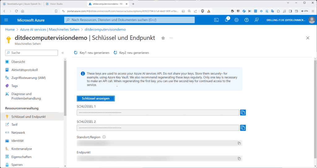 Schlüssel und Endpunkte eines Single-Azure-KI-Ressource