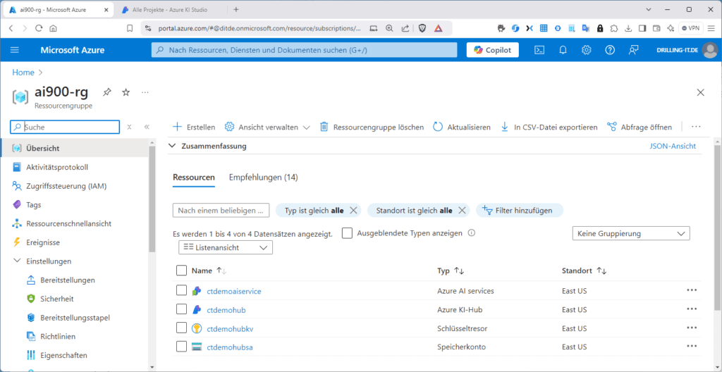 von einer neuen Azure-AI-Projekt erzeugten Azure-Ressourcen