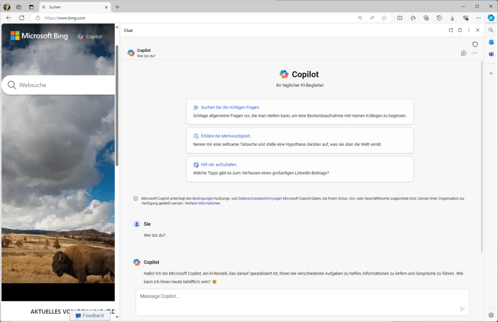 Bing-Integration in Edge heißt bei Microsoft Copilot