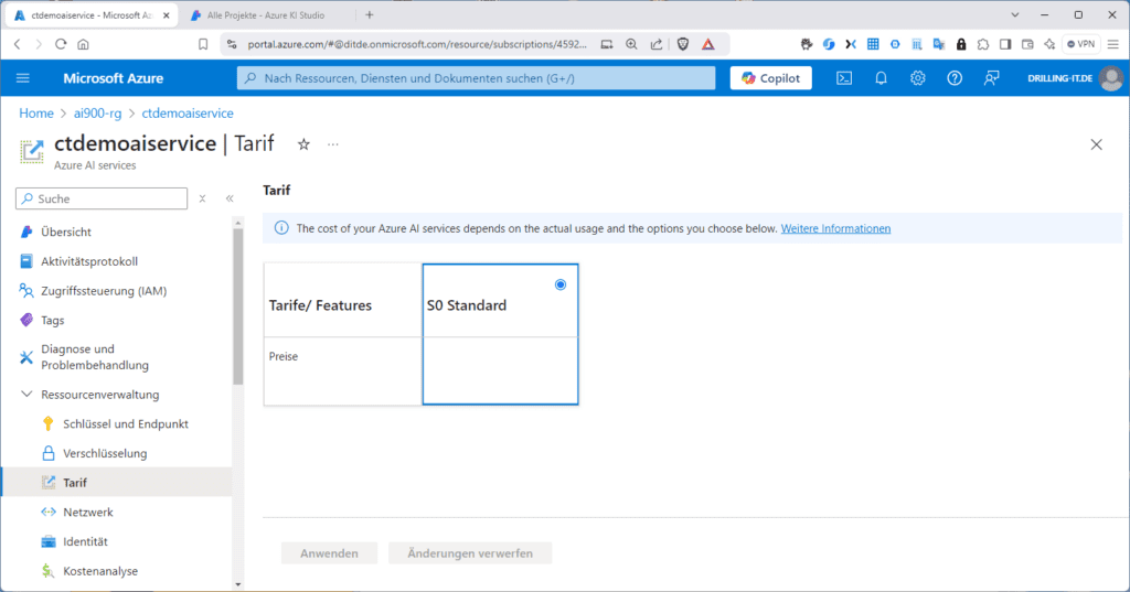 „Tarifplan“ ist eine Eigenschaft der jeweiligen Azure-AI-Ressource