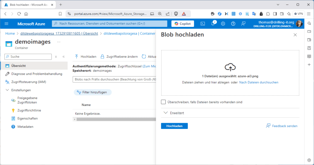 Hochladen von Bildern in einen Blob-Container kannst du im Azure-Portal durchführen