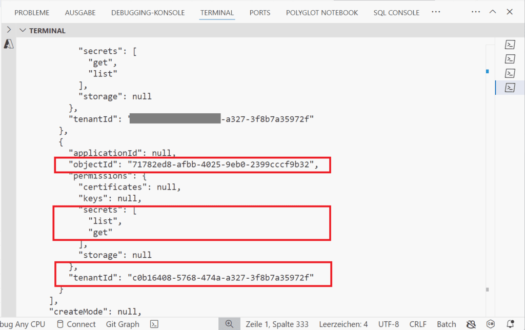 Abrufen der gesetzten Key-Vault-Berechtigungen via Azure-CLI.