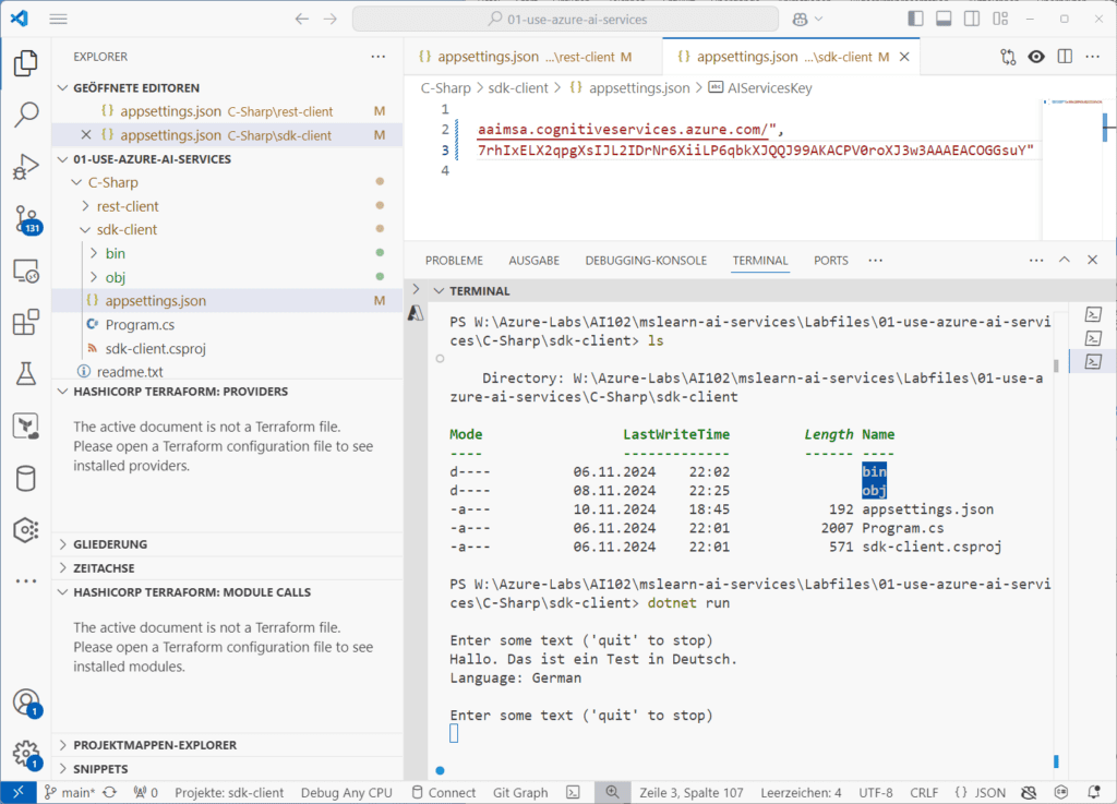 Aufruf eines Programms, in den ein Client mit Hilfe des passenden SDKs erstellt wurde