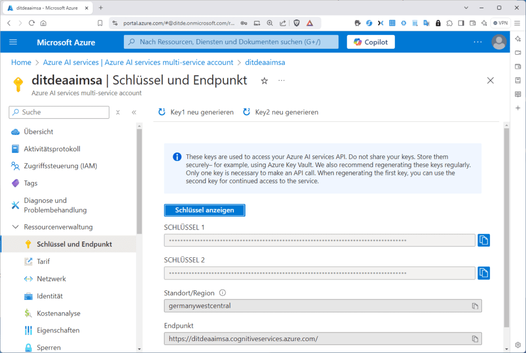 Schlüssel und Endpunkte einer jeden Azure-AI-Ressource