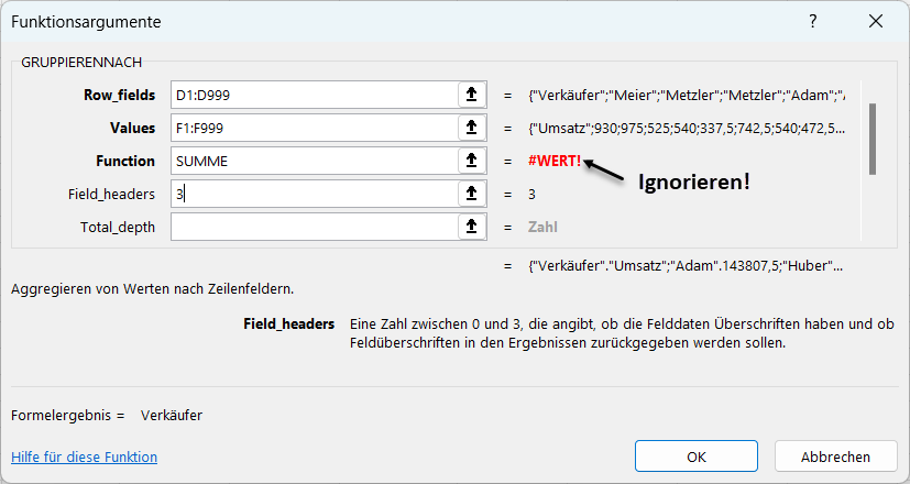 GRUPPIERENNACH Funktion in Excel