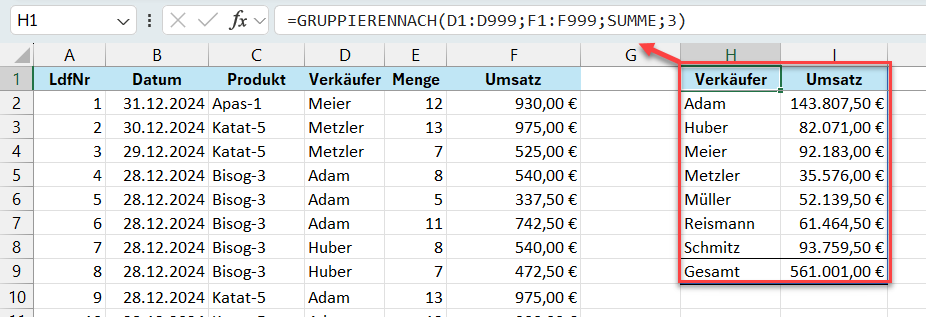 GRUPPIERENNACH Funktion in Excel