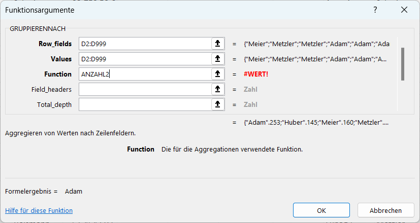 GRUPPIERENNACH Funktion in Excel