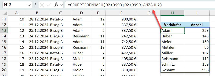 GRUPPIERENNACH Funktion in Excel