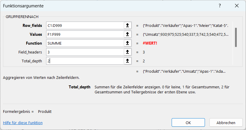 GRUPPIERENNACH Funktion in Excel