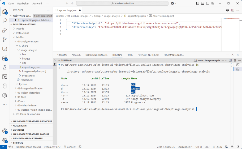 Anpassen der appsettings.json-Datei zur Authentifizierung des Clients