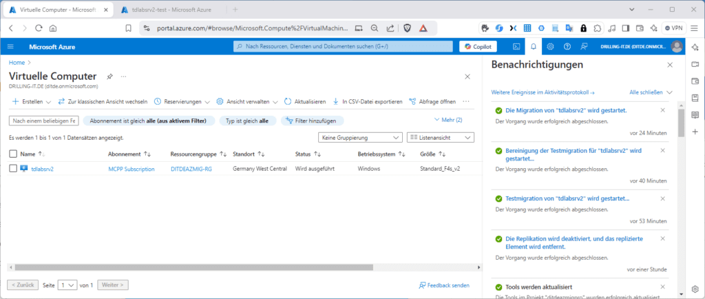 Erfolgreich migrierte Azure-VM