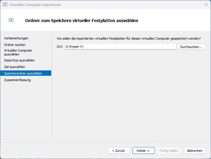 Das Auswählen des Speicherortes, bei einem Single-Hyper-V-Host z. B. ein separates Laufwerk oder ein Cluster-Shared-Volume (CSV) bei einer Cluster-VM